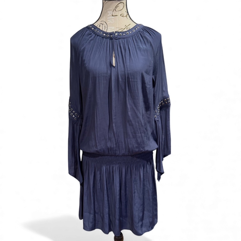 Ramy Brook Navy Studded Long-Sleeve Drop-Waist Dress – Size M
